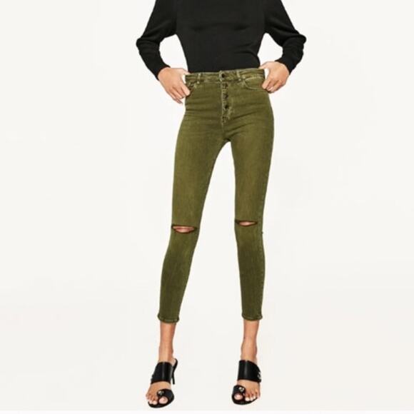 Zara Women Olive Green Button Fly Distressed Knee Skinny Jean High Waist 10 - Picture 3 of 16